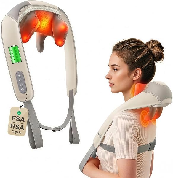 Heycool Massageador de Pescoço e Ombros Sem Fio com Calor, Shiatsu e Amassar 4D